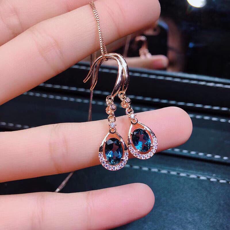 Goldkingdom Aksesoris Perhiasan Fashion Ready Stock Mewah Swiss Blue Topaz Batu Anting Giwang Earstuds Api Warna Meledak Kedip Perak Berlapis Emas Berlapis Presisi Bertatahkan