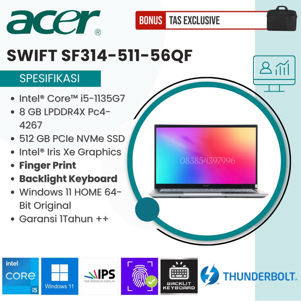 BEST SELLER!! LAPTOP ACER SWIFT 3 SF314-511-56QF CORE I5 GEN11 RAM 8GB SSD 512GB 14&quot; FULL HD IPS WINDOWS 11 ORIGINAL