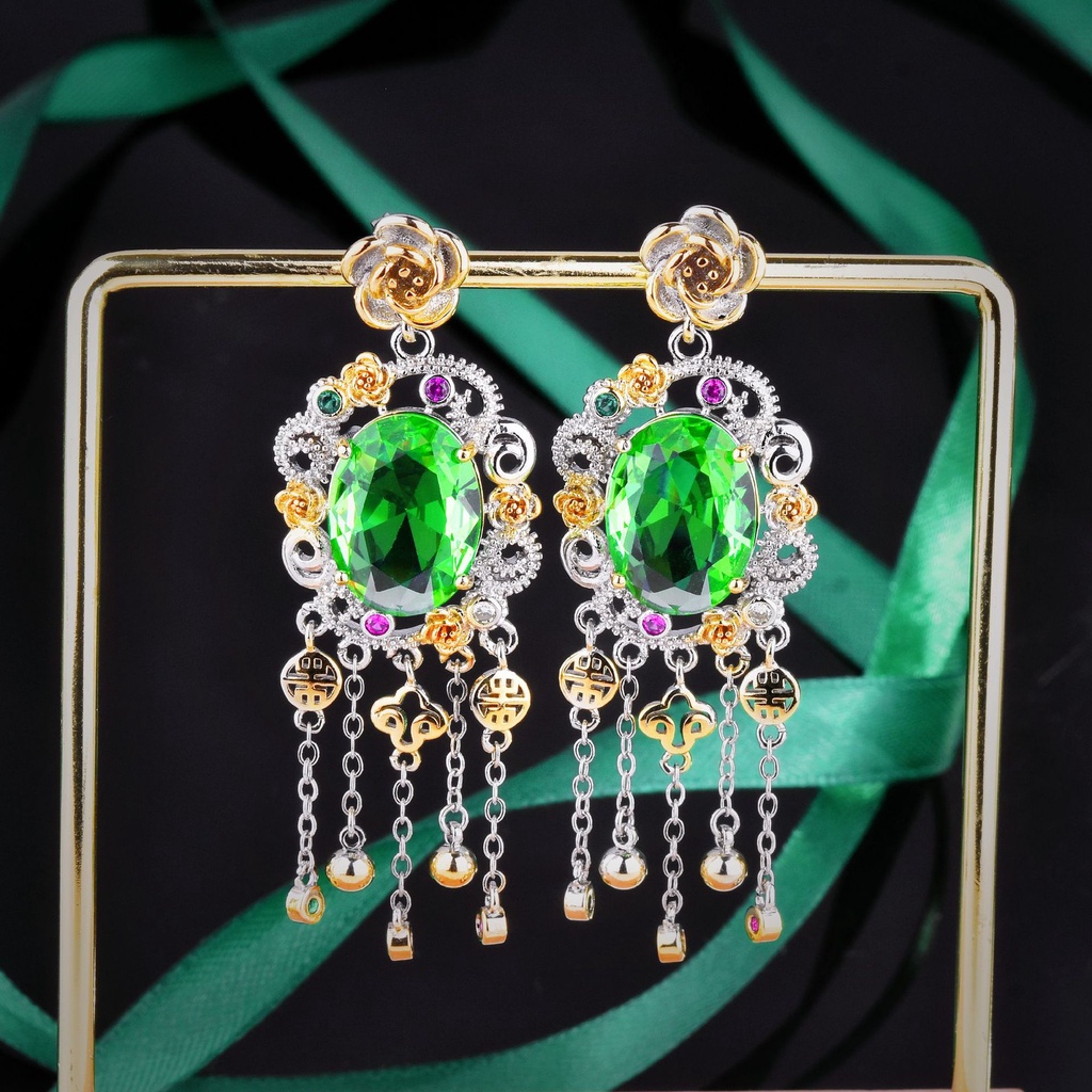 Goldkingdom Fashion Perhiasan Aksesoris Ready Stock Itali Vintage Warna Ganda Emas Olivine Set Gaya Pengadilan Rumbai Kalung Anting Panjang Harta Karun Warna-Warni Terbuka Cincin