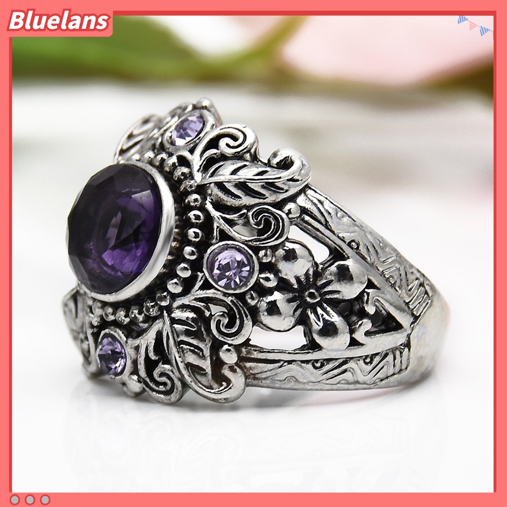 {In Stock} Vintage Bulat Faux Amethyst Hias Ukir Bunga Wanita Jari Cincin Perhiasan Hadiah