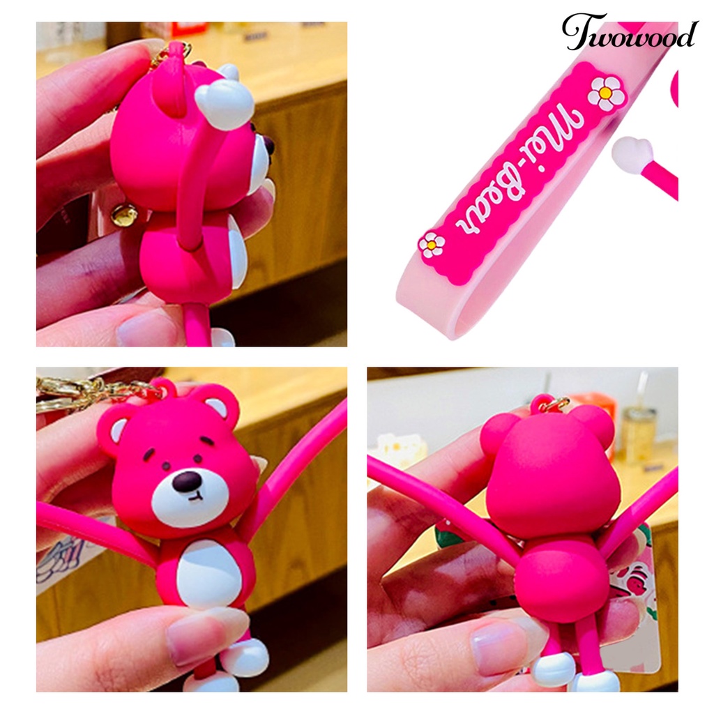 Twowood Key Chain Stretchable Long-legged PVC Kartun Strawberry Bentuk Beruang Key Ring Pendant Dekorasi Rumah