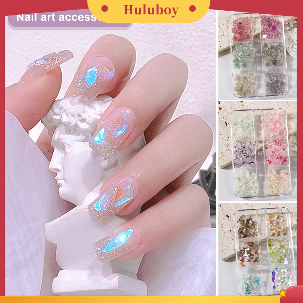 {In Stock} 1kotak Nail Art Dekorasi Bersinar Tiga Dimensi Gloss DIY Camelia Berlian Imitasi Lima Kelopak Bunga Hati Pesona Kuku Untuk Salon Kuku