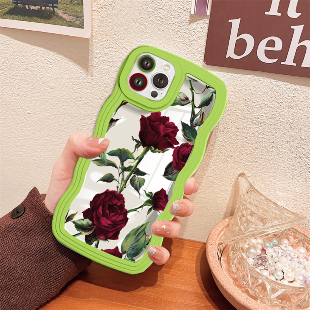 Casing Lucu Kompatibel Untuk iPhone 11 Pro Max 7Plus XR X XS Max 6s 7 8 6 14 Plus 13 11 12 14 Pro Max SE Lukisan Cat Minyak Spiked Rose Bergambar Kelinci Bergelombang Bingkai Soft Cover BY