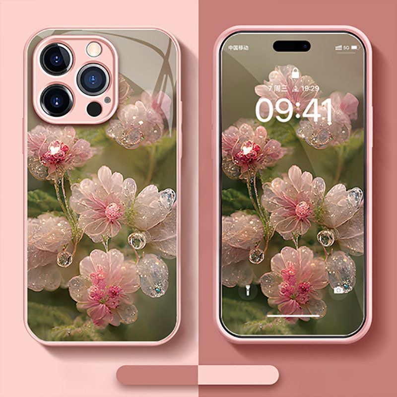 IPHONE Baru Kristal Bunga Metalik Cat Tempered Glass Phone Case Untuk Iphone11 12 13 14 Pro Max X Xs Max Xr Shockproof Case Cover