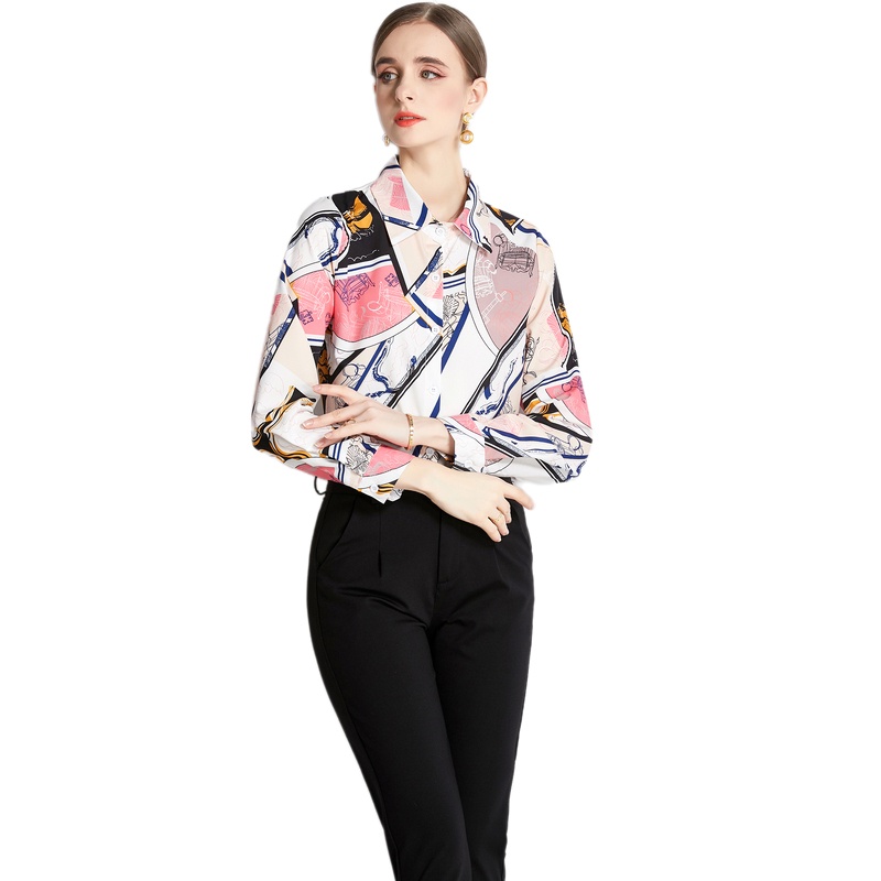 2023 New Korean Fashion Pink Blue Chiffon Soft Fabric Long Sleeve Shirts Casual Work OL Print Shirt Tops Atasan Kemeja Pendek Wanita Kasual Lengan Panjang