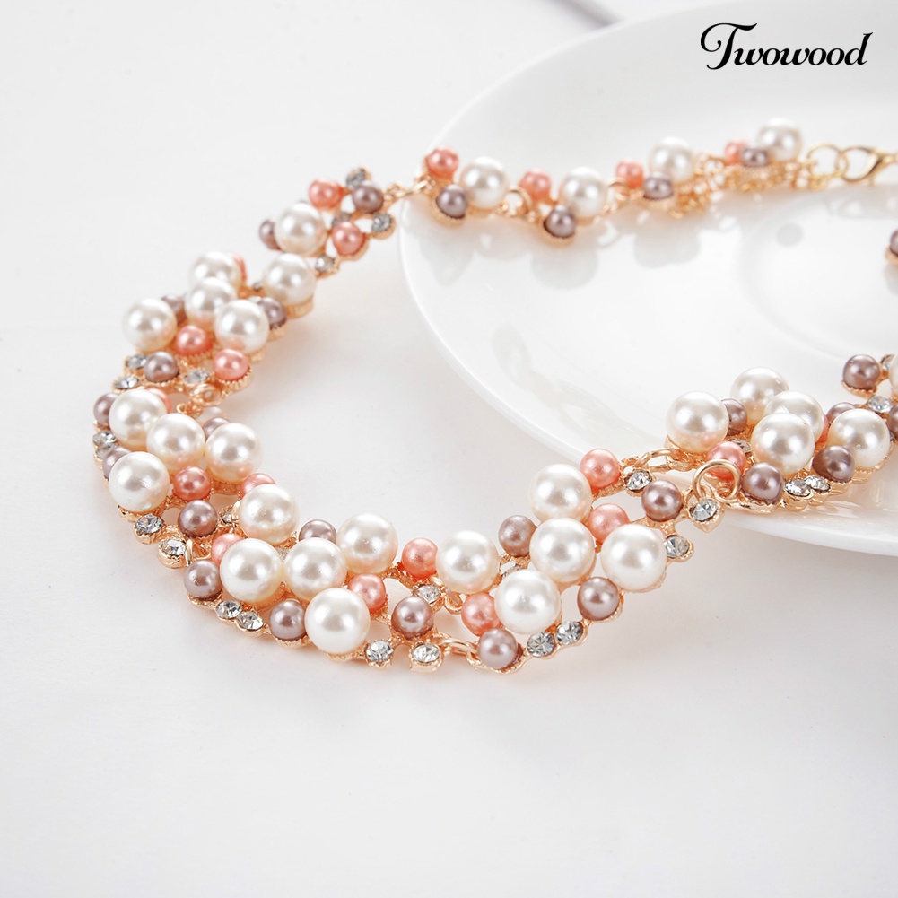 Twowood 2Pcs Wanita Fashion Mutiara Imitasi Hias Berlian Imitasi Kalung Anting Set Perhiasan