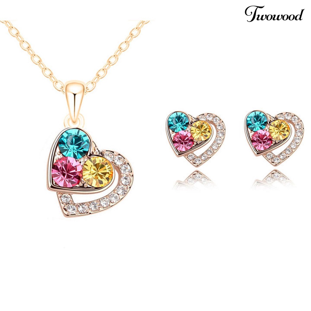 Twowood 1set Wanita Set Perhiasan Shiny Colorful Full Rhinestones Geometris Berkilau Hias Hadiah Anniversary Cinta Bentuk Hati Liontin Kalung Stud Anting Set Aksesori Fashion