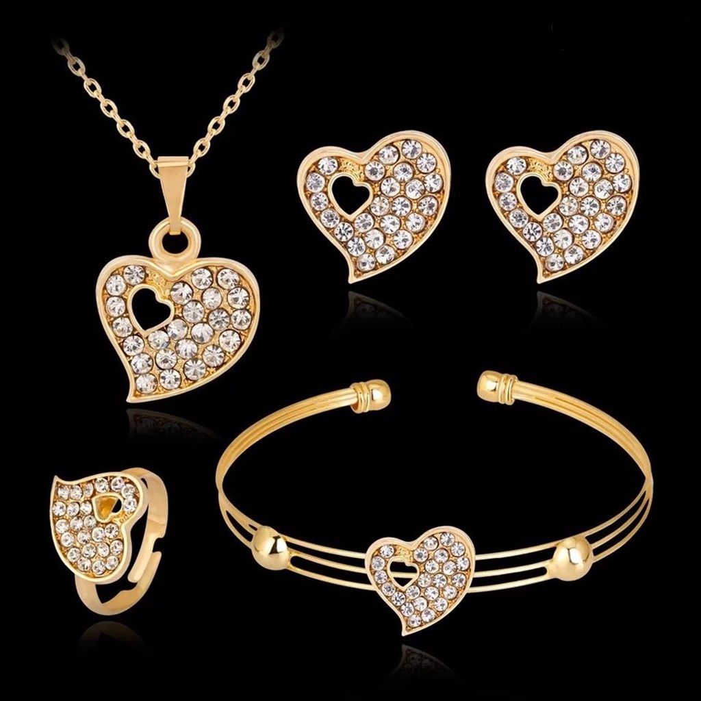 Twowood 4pcs/Set Perhiasan Wanita Bentuk Hati Hias Berlian Imitasi Warna Emas Shiny Lady Gelang Cincin Set Untuk Pernikahan