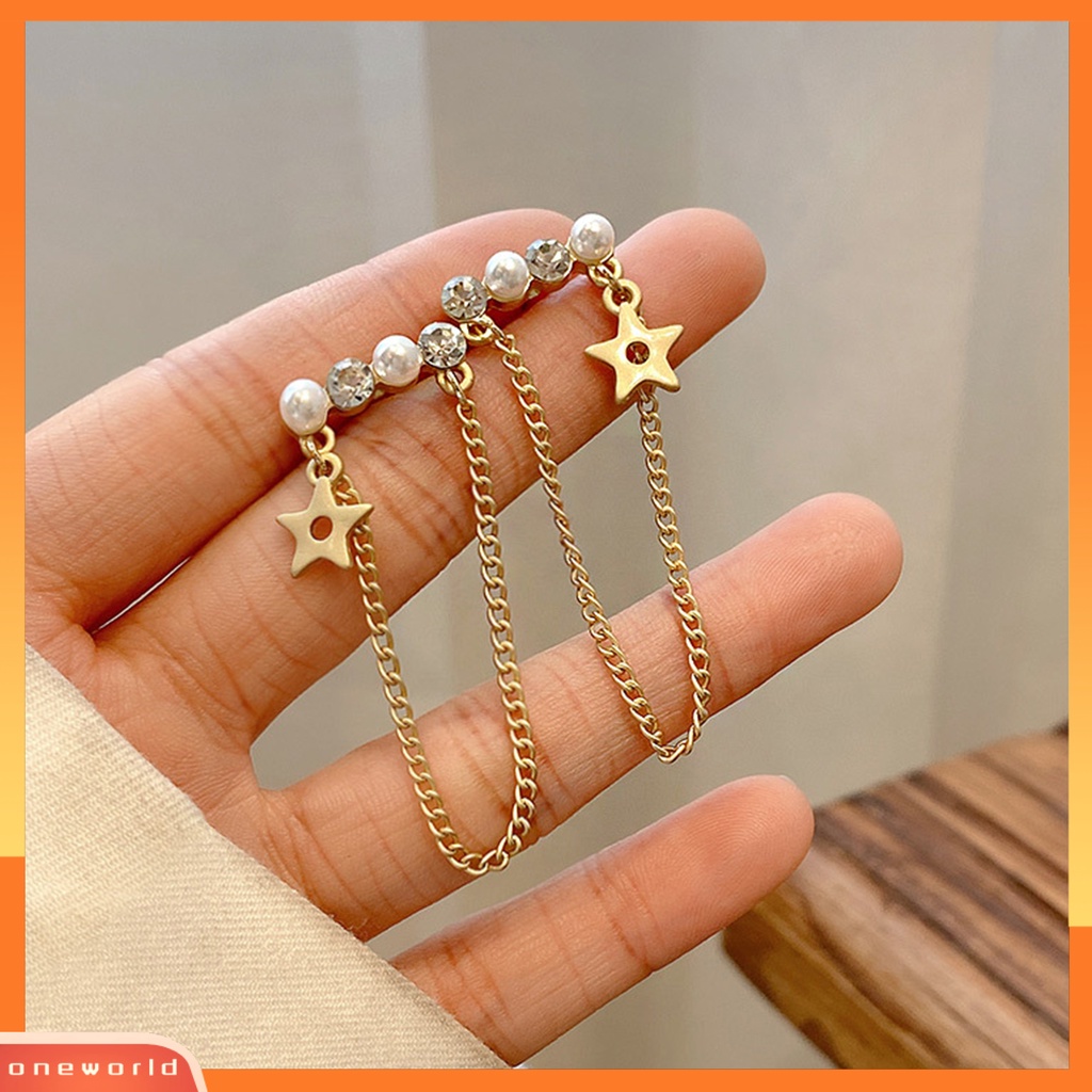 [OWR] 1pasang Drop Earrings Golden Chain Star Charm Mutiara Imitasi Kepribadian Berlian Imitasi Bertatahkan Wanita Stud Earrings Fashion Jewelry