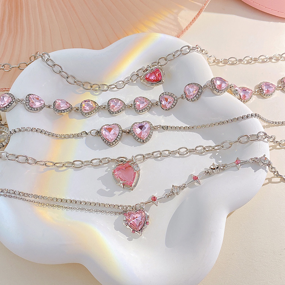 Kalung Anting Liontin Zirkon Kristal Pink Cincin Sweet Cross Heart Chain Choker Untuk Aksesoris Perhiasan Wanita