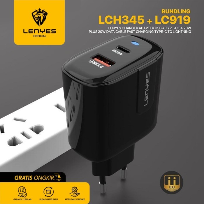 Lenyes LCH345 + LC919 Charger Handphone + Data Cable Paket Bundle original kabel cable casan travel charger tc android usb charger micro usb type c batok kepala charger