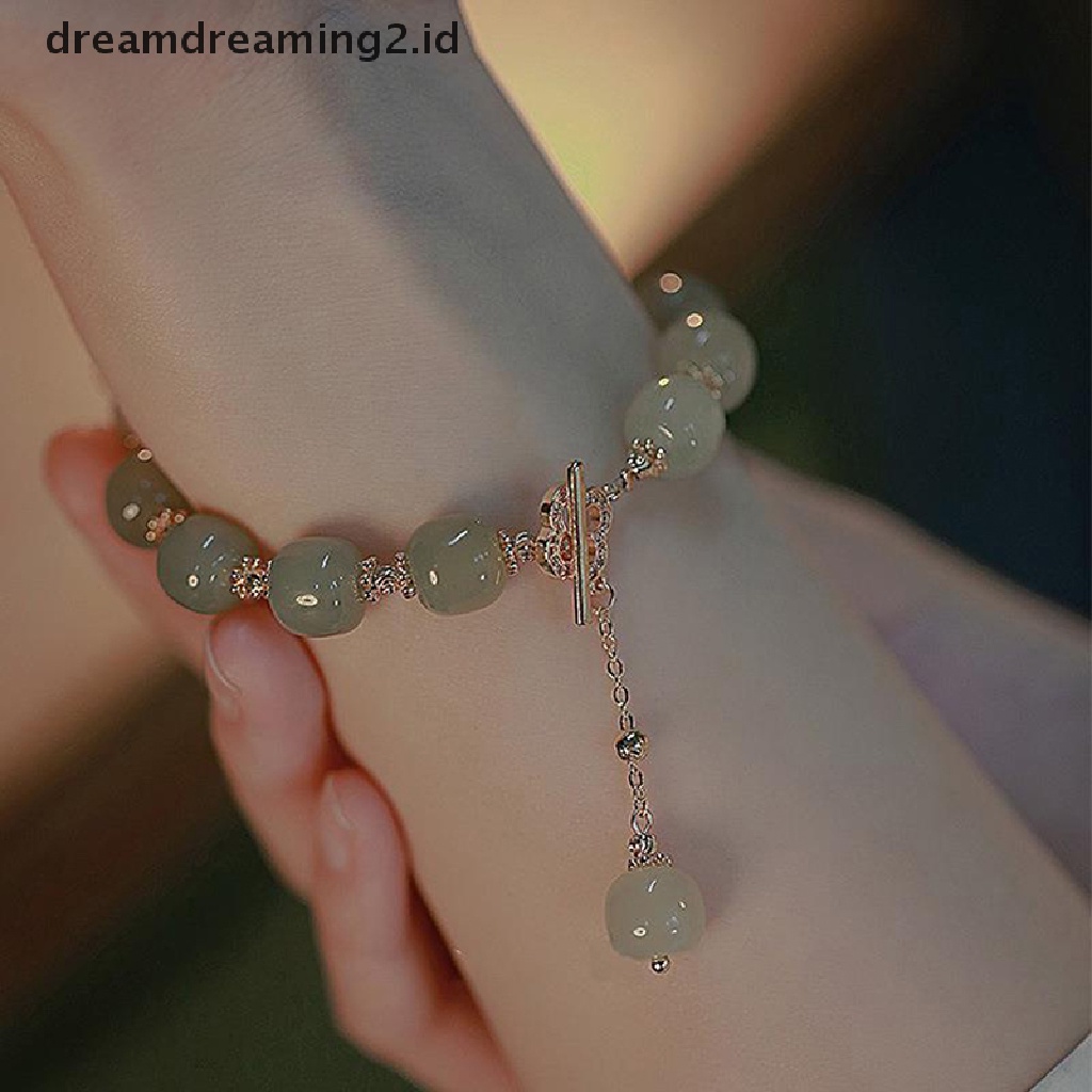 (hot) Vintage Cahaya Imitasi Hetian Jade Beaded Charm Gelang Pesta Santai Mutiara Zirkon Perhiasan Fashion Untuk Wanita Hadiah//