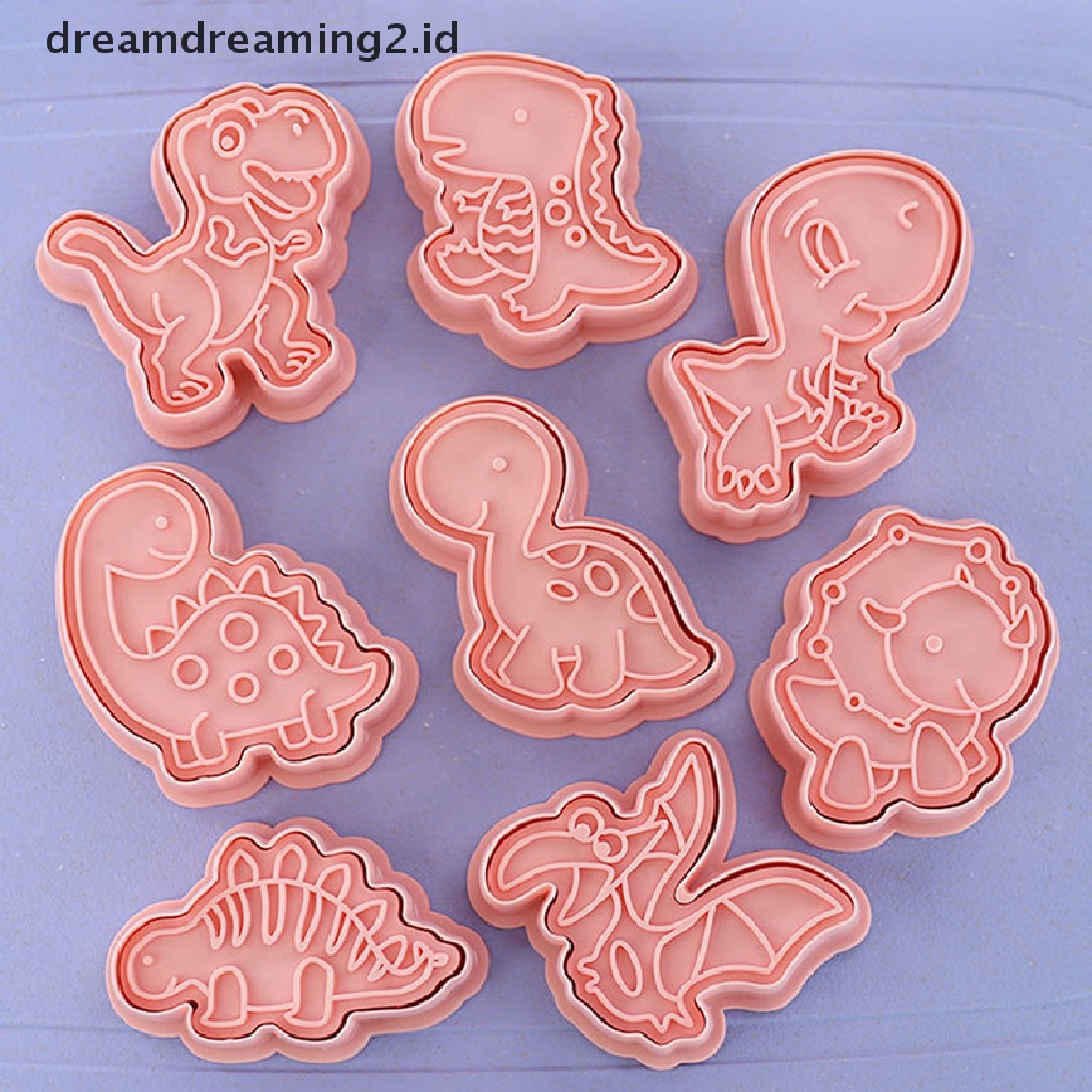 (hot) 8pcs/set Kartun Dinosaurus Cookie Pemotong 3D Plastik Pressable Biskuit Cetakan Cookie Stamp Dapur Baking Pastry Bakeware Alat Perlengkapan Baking DIY//