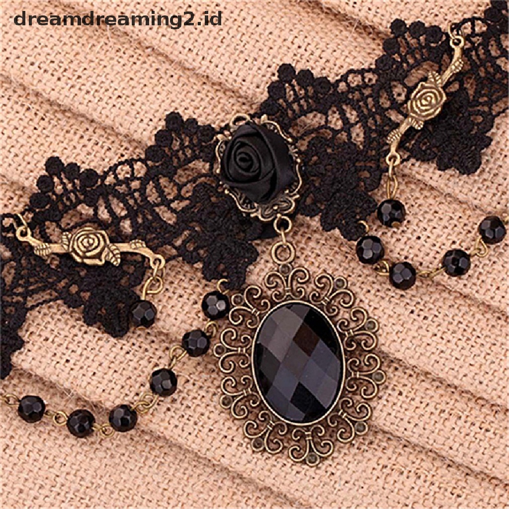 (hot) Fashion Lolita Gothic Hitam Bunga Mawar Renda Choker Kerah Kalung Beads Chain//