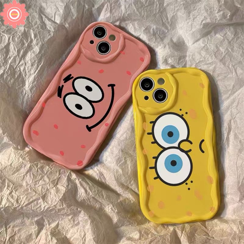 IPHONE Casing Kartun SpongeBob Kompatibel Untuk Iphone14 11 13 12 Pro Max XR 7Plus 6s 6 7 8 Plus X XS Max SE 2020 Cute Patrick Star 3D Wavy Curved Edge Soft Airbag Glossy Shockproof Cover