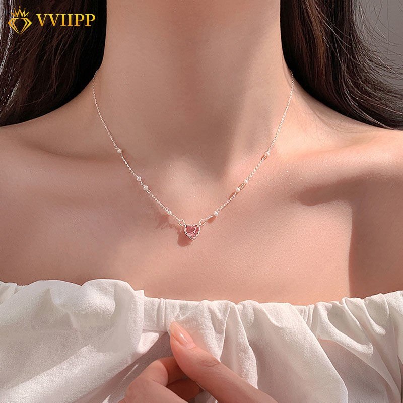 Kalung Liontin Hati Zirkon Pink Elegan Untuk Wanita Mutiara Emas Rantai Choker Aksesoris Perhiasan