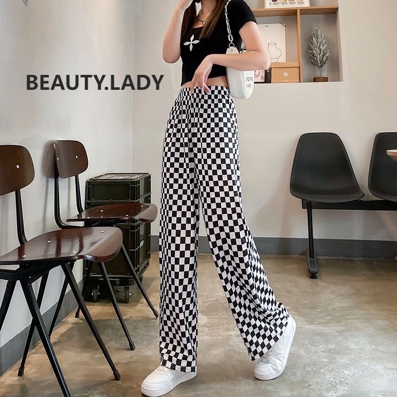 Celana kotak Kulot highwaist wanita Celana korea Pinggang elastis celana tartan KZ001