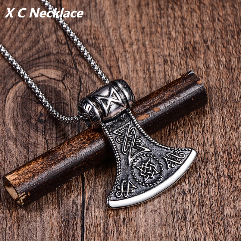 [X C Kalung] Perak Baru Vintage Viking Tomahawk Titanium Steel Liontin Punk Hip Hop Stainless Steel Kalung Hadiah Pesta Ulang Tahun Untuk Pria Dan Wanita