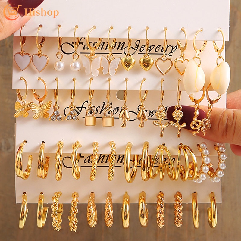 Set Anting Hoop Mutiara Emas Perak Elegan Geometris Drop Oil Butterfly Twist Lucu Bebek Jamur Anting Untuk Aksesoris Perhiasan Wanita