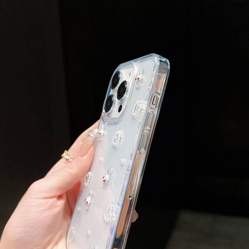 Glitter 3D Mutiara Cinta Transparan Casing Ponsel Untuk iPhone 14 13 12 11 Pro MAX Plus Mini Kartun Kelinci Epoxy Pelindung Soft Cover Untuk iPhone X XS MAX XR 7 8 Plus SE 2022 2020