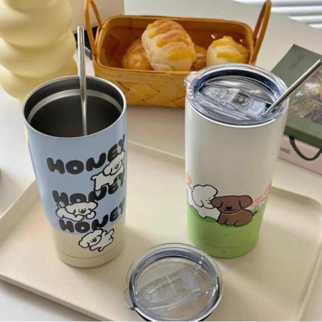 PREMIUM QUALITY TERMOS MOTIF PUPPY TULISAN HONEY / TUMBLR ESTETIK KOREA / BOTOL MINUM UNIK / CANGKIR MINUM KOPI BAHAN STAINLESS STELL 304 KAPASITAS 550ML DENGAN SEDOTAN / HONEY TUMBLR 550ML / TUMBLR KOPI TEH CUP STAINLESS