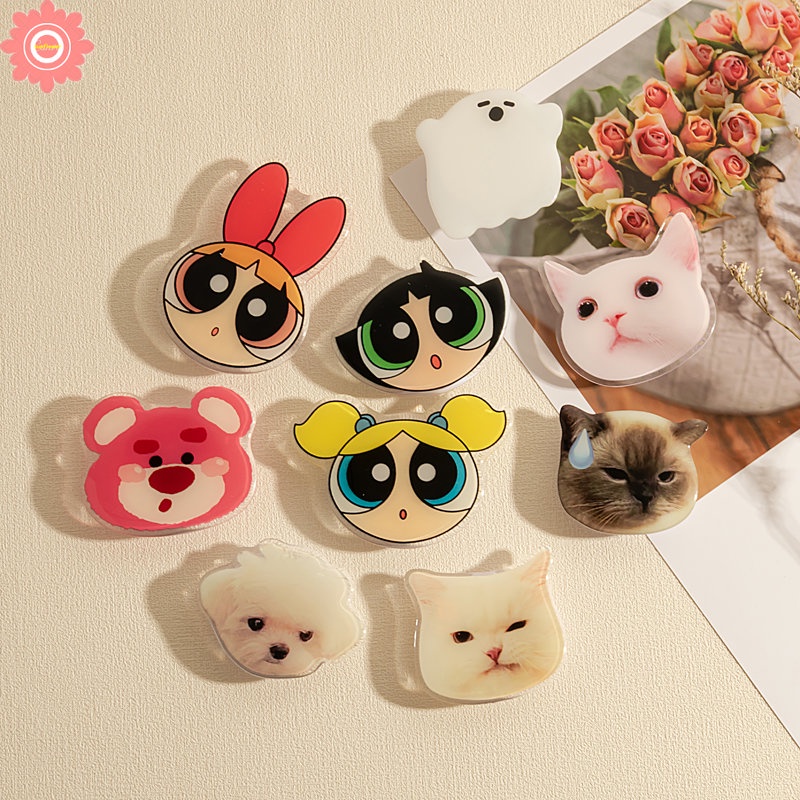 Cute Strawberry Bear Manyo Phone Grip Foldable Bracket The Power.puff Girls Glossy Lovely Cat Dog Lucu Kartun Hantu Universal Scalable Phone Stand Holder