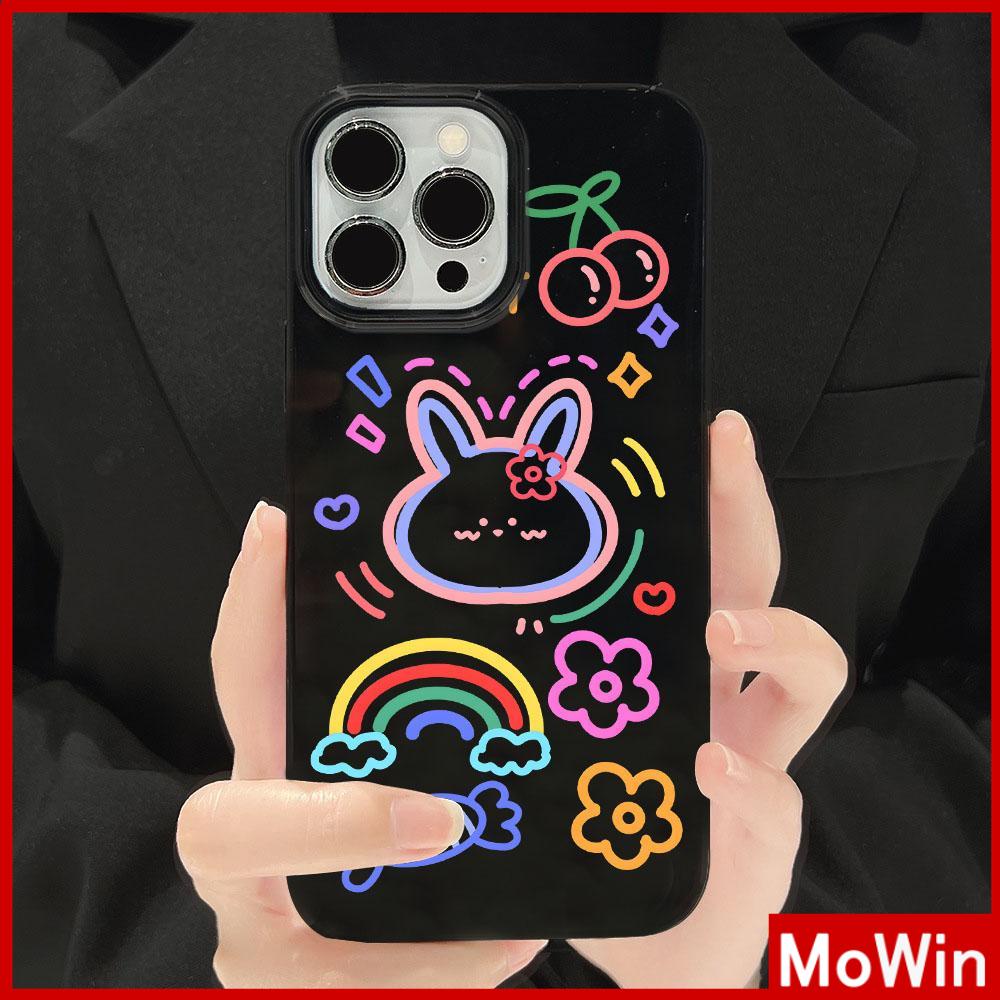 For iPhone 14 Pro Max iPhone Case Black Glossy TPU Soft Case Shockproof Protection Camera Cute Rainbow Bunny  Compatible with iPhone 13 Pro max 12 Pro Max 11 xr xs max 7Plus 8Plus