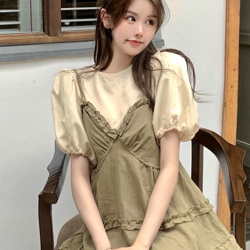 Red Gaun suspender pengurang usia retro untuk wanita musim panas setelan dua potong kecil rok a-line kasual rok pendek t-shirt atasan