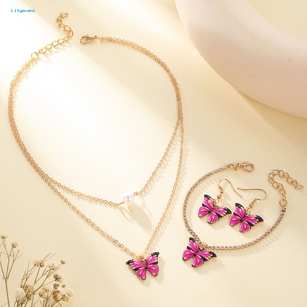 Lilyscent 3 Pcs/Set Mudah Cocok Kupu-Kupu Set Perhiasan Wanita Aksesori Kalung Menjuntai Anting Gelang Set High Gloss