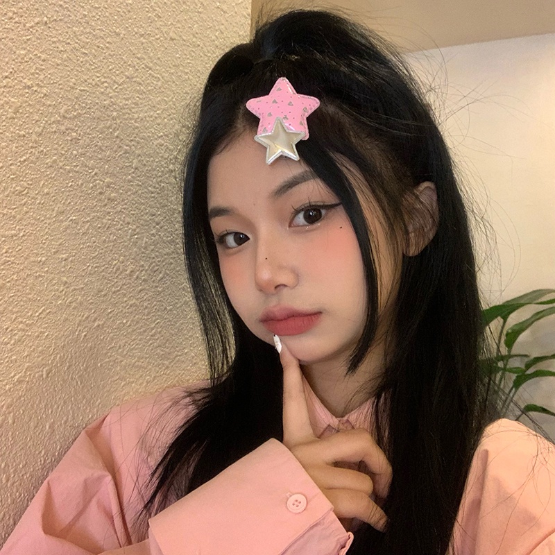 Harajuku Y2k Kulit Bintang Pentagram Jepit Rambut/Women Sweet Cute Duckbill Hair Clip/Jepit Rambut Model Tusuk Samping Gaya Milenial Mengkilap Vintage