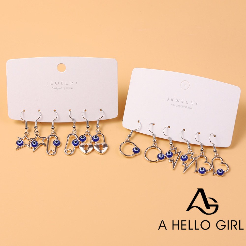 Fashion Setan Mata Tetes Anting Geometris Biru Mata Telinga Set Perhiasan