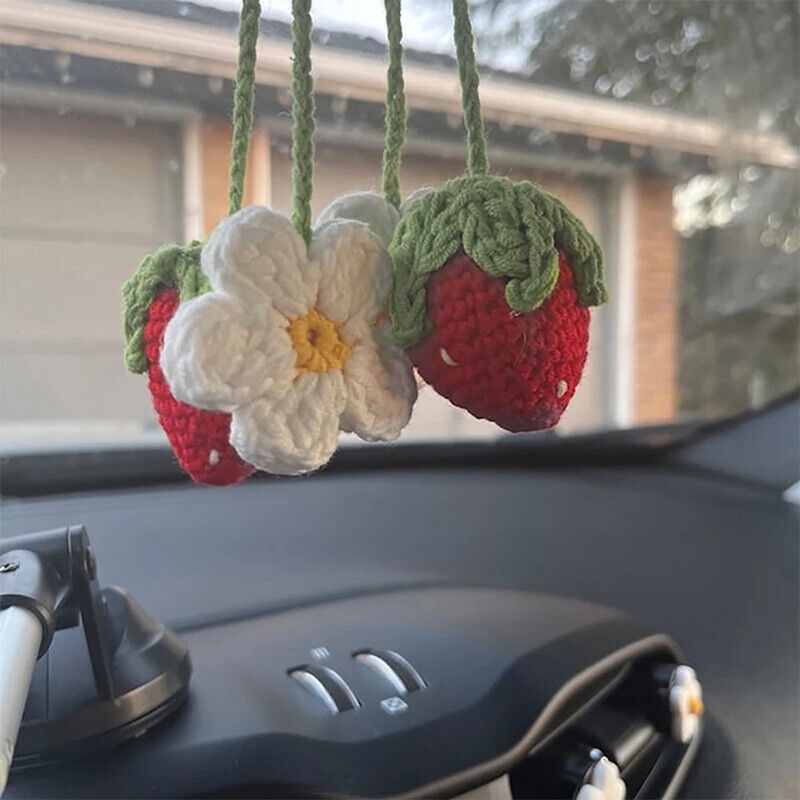 Hiasan Interior Mobil Crochet Homemade Mini Pink/Red Strawberry Pendant Hiasan Mobil Lucu