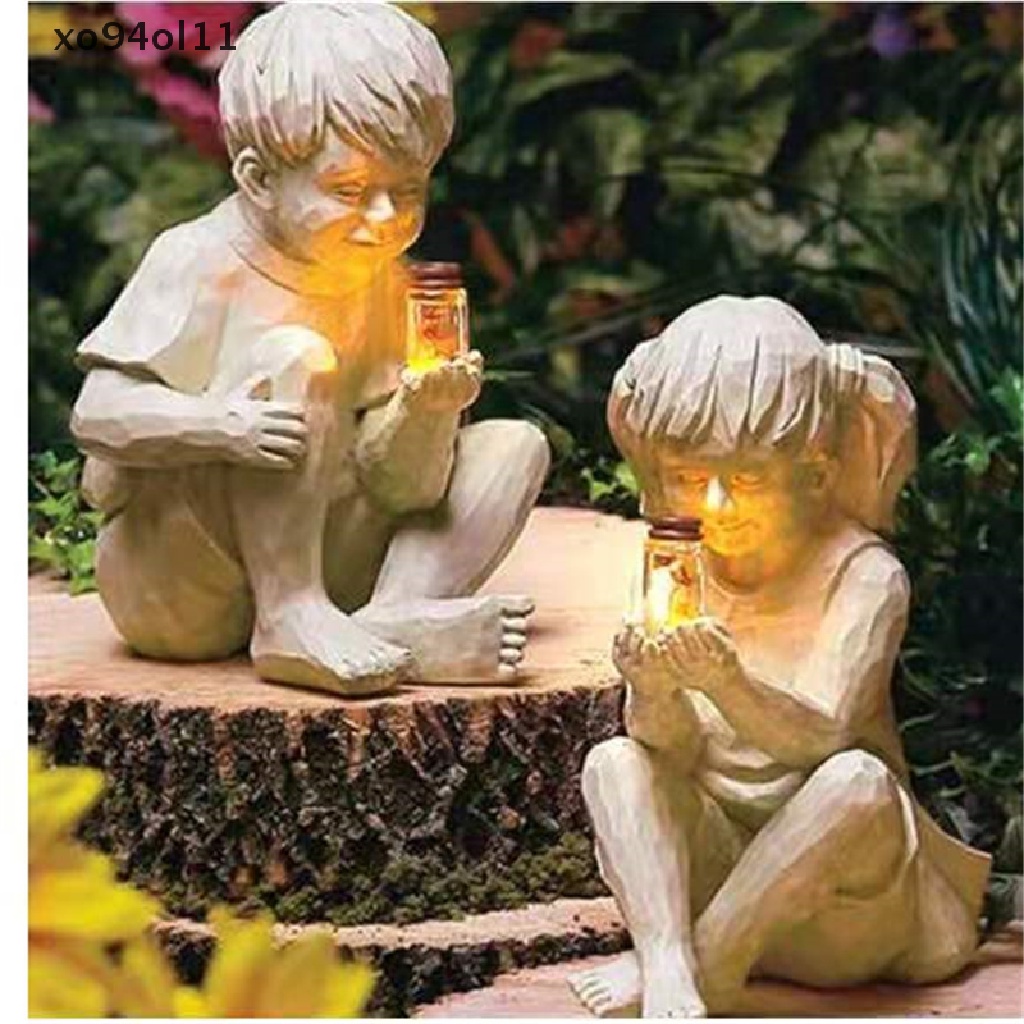 Patung XO A Kid Dengan Kunangkunang Tenaga Surya Patung Taman Bahan Resin Alas Bunga Decor OL