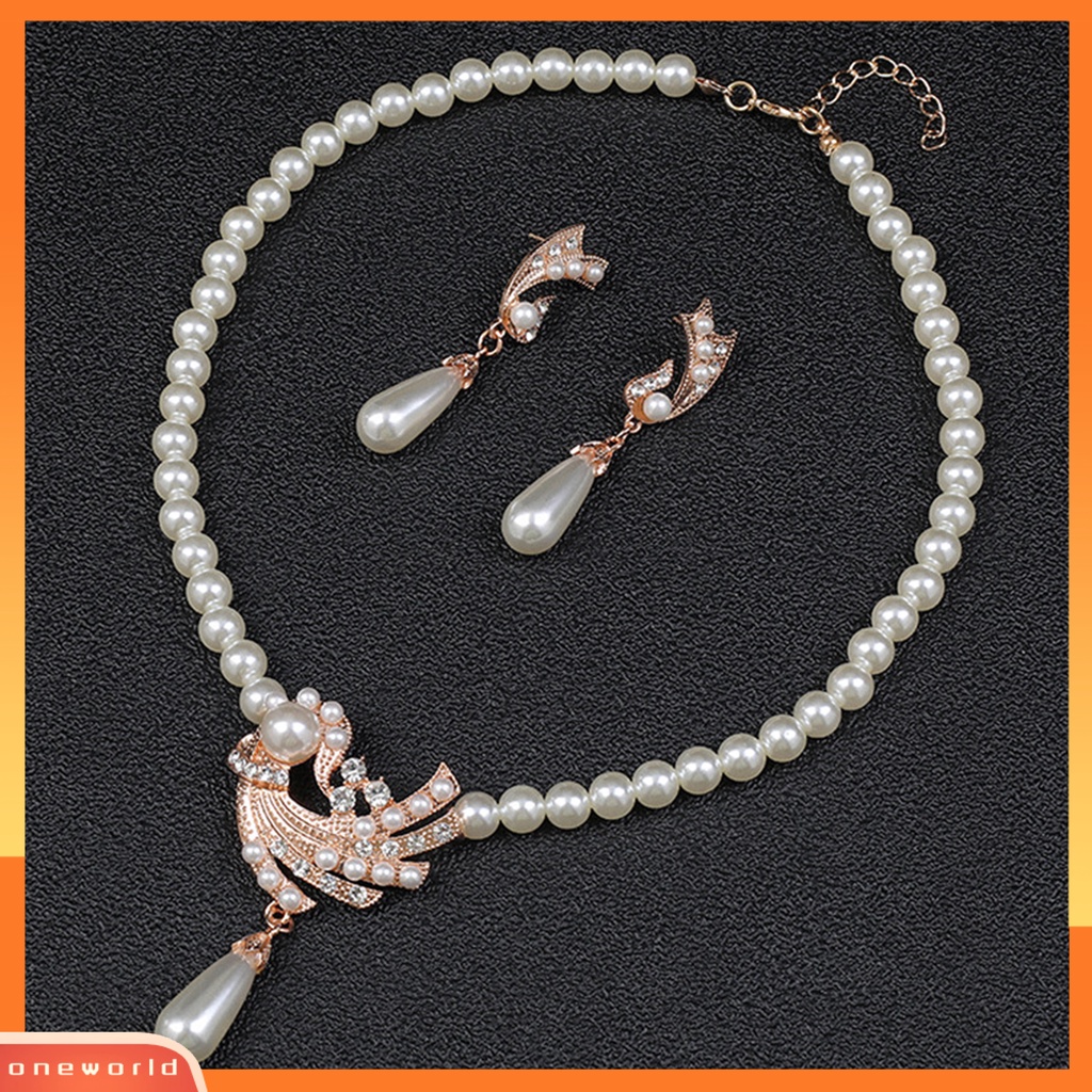 [ONE] 1set Wanita Anting High Gloss Electroplating Shiny Extension Rantai Eye-catching Dekorasi Cantik Berlian Imitasi Mutiara Imitasi Kalung Perhiasan Aksesori