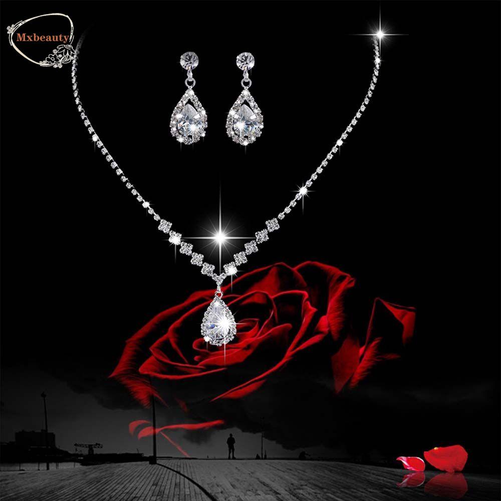 MXBEAUTY Fashion Jewelry Set Romantic Accessories Necklace Luxury Cubic Zirconia Water Drop Shaped Wedding Bridal Rhinestone Angel Teardrop Earrings/Multicolor