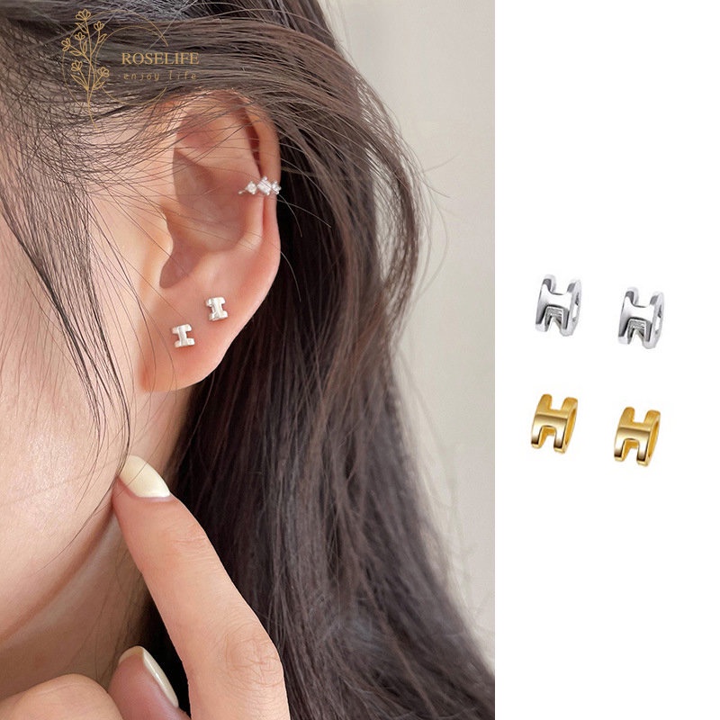 Roselife S925 Perak 3D Mini Huruf H Stud Anting Untuk Wanita Perempuan Pakaian Sehari-Hari Hypoallergenic Earring Pick Gratis Telinga Perhiasan Aksesoris 1pasang