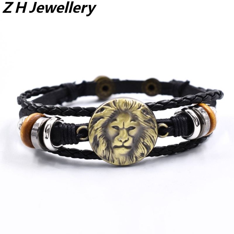 [Z H Perhiasan] Vintage Lion Manik-Manik Gelang Kulit Pria Dan Wanita Fashion Stainless Steel Multilayer Gelang Punk Pesta Rock Perhiasan Aksesoris