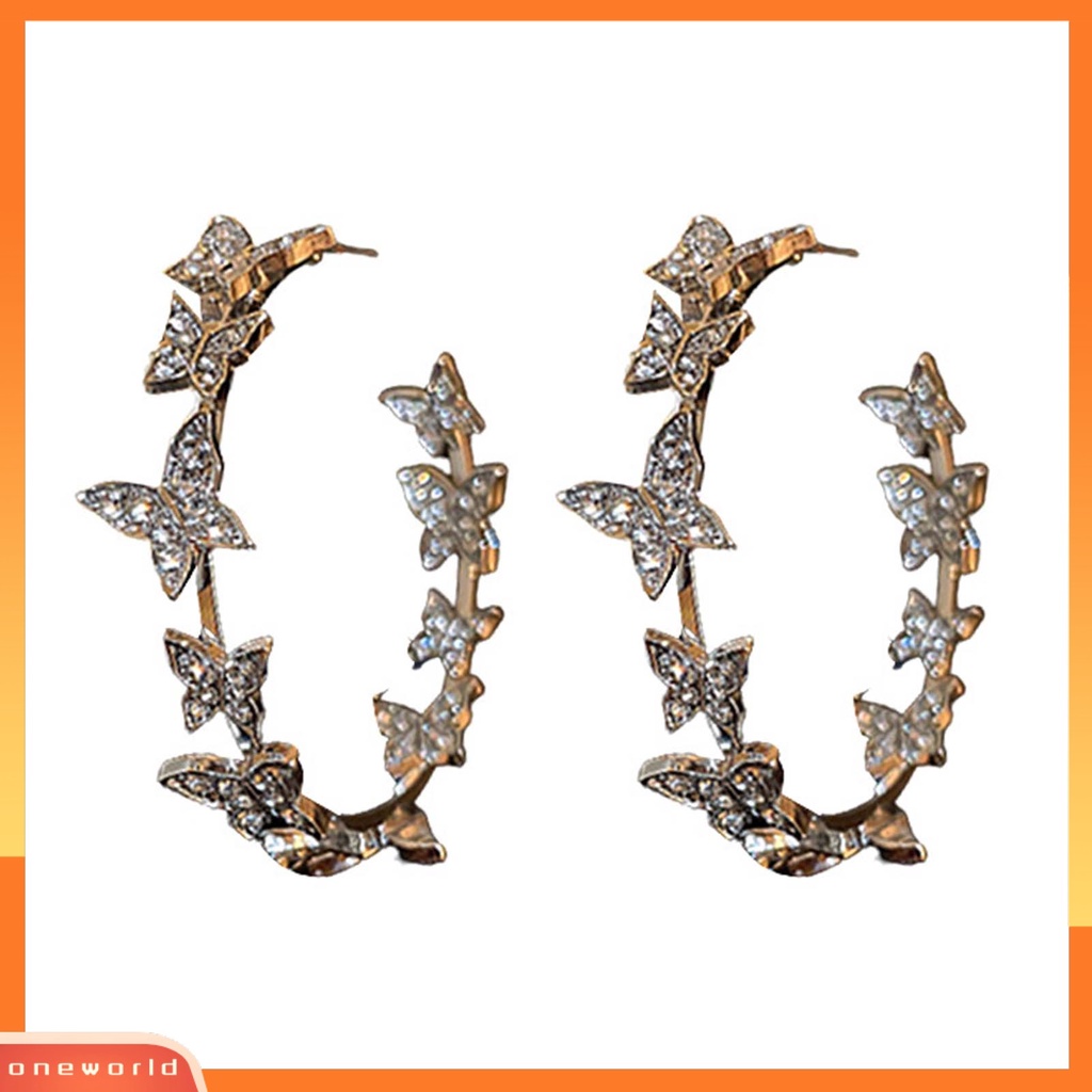 [ONE] 1pasang Liontin Anting Bulat Lingkaran Geometris Kupu-Kupu Dekorasi Berlian Imitasi Mengkilap Huggie Hoop Earrings Perhiasan Aksesoris