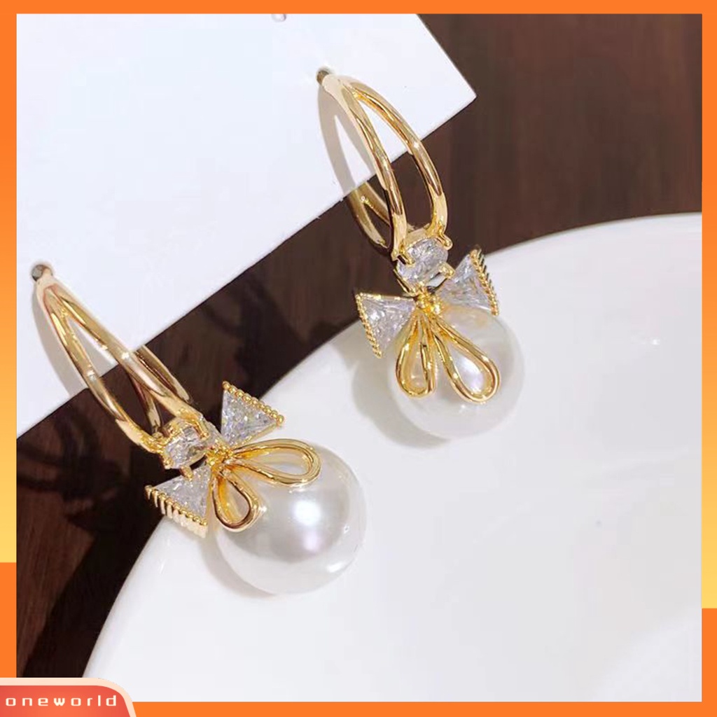 [EONE] 1pasang Wanita Drop Earrings Bow-knot Shiny Rhinestone Mewah Simetris Stainless Ear Dekorasi Tepi Halus Mutiara Imitasi Lady Huggie Earrings Jewelry