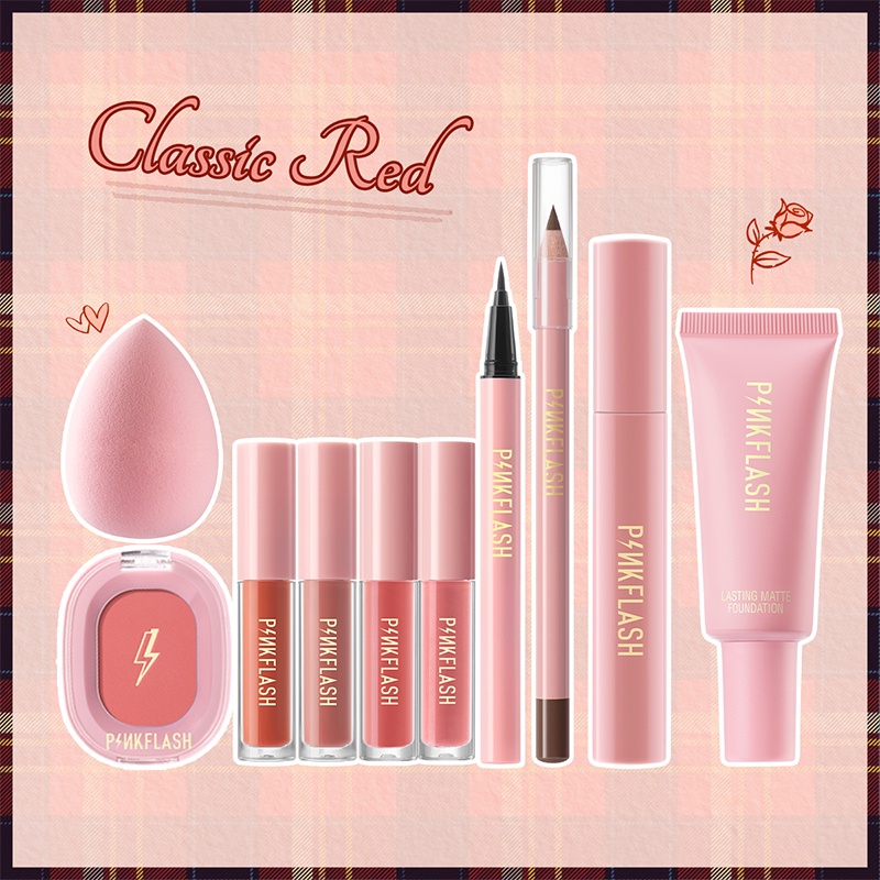 PINKFLASH Makeup Beauty 10pcs/Set Classic Red Whole Facial Set Include Lipstick Blush Lipgloss Beauty Sponge Matte Liquid Lipstick Foundation Eyeliner Eyebrow Pencil