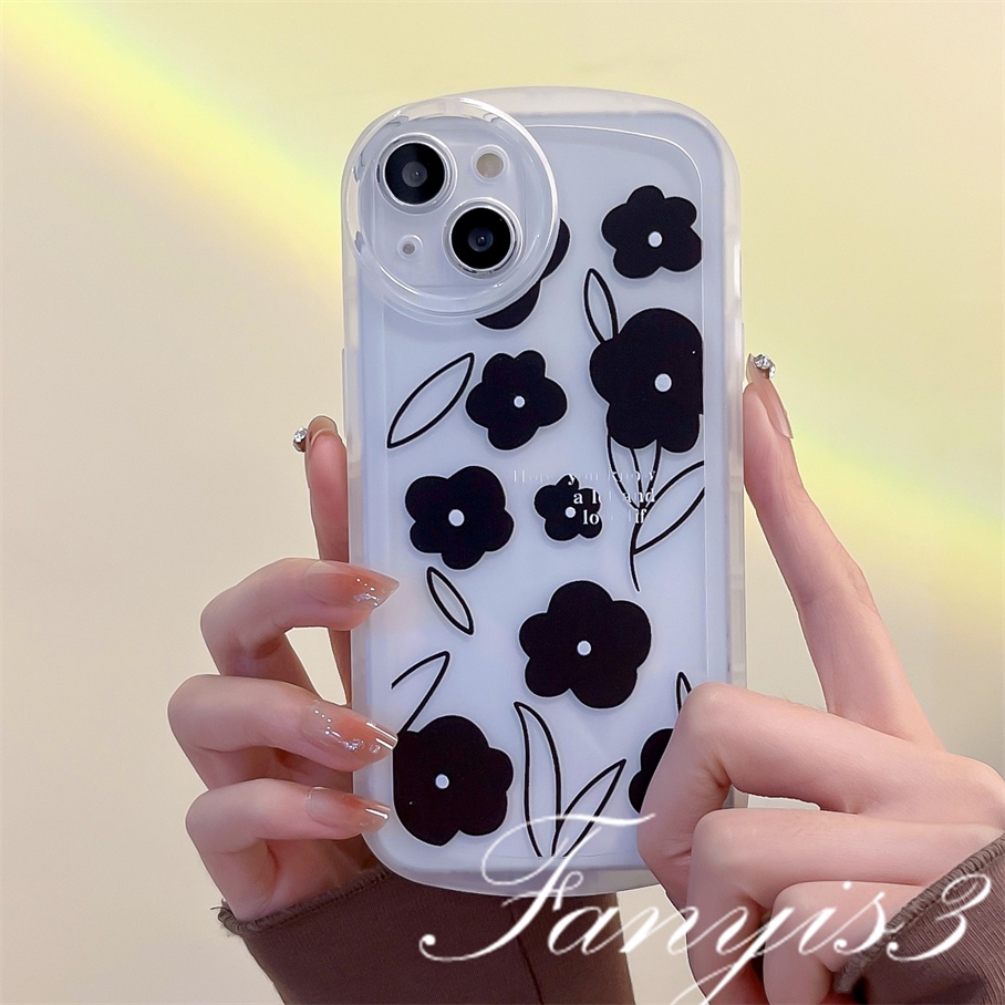 Compatible For iPhone 14 13 12 11 Pro Max X XR Xs Max 8 7 6 6s Plus SE 2020 Kompatibel Untuk Ins Bunga Hitam Casing Ponsel Lembut TPU Cover