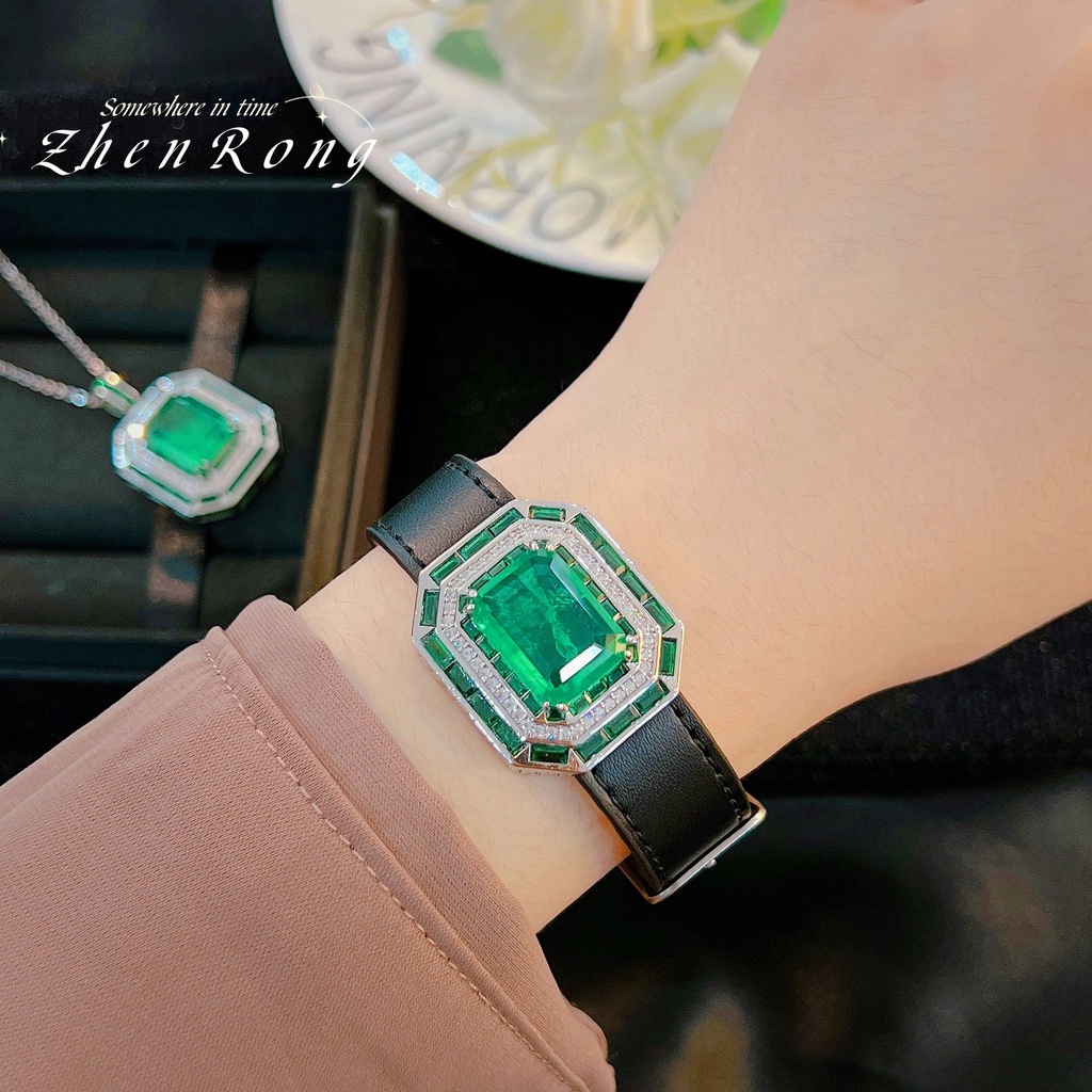 Goldkingdom Aksesoris Perhiasan Fashion Ready Stock Seiko Emerald Pendant Kalung High-end Kristal Berlian Hijau Menonton Gelang Tangan