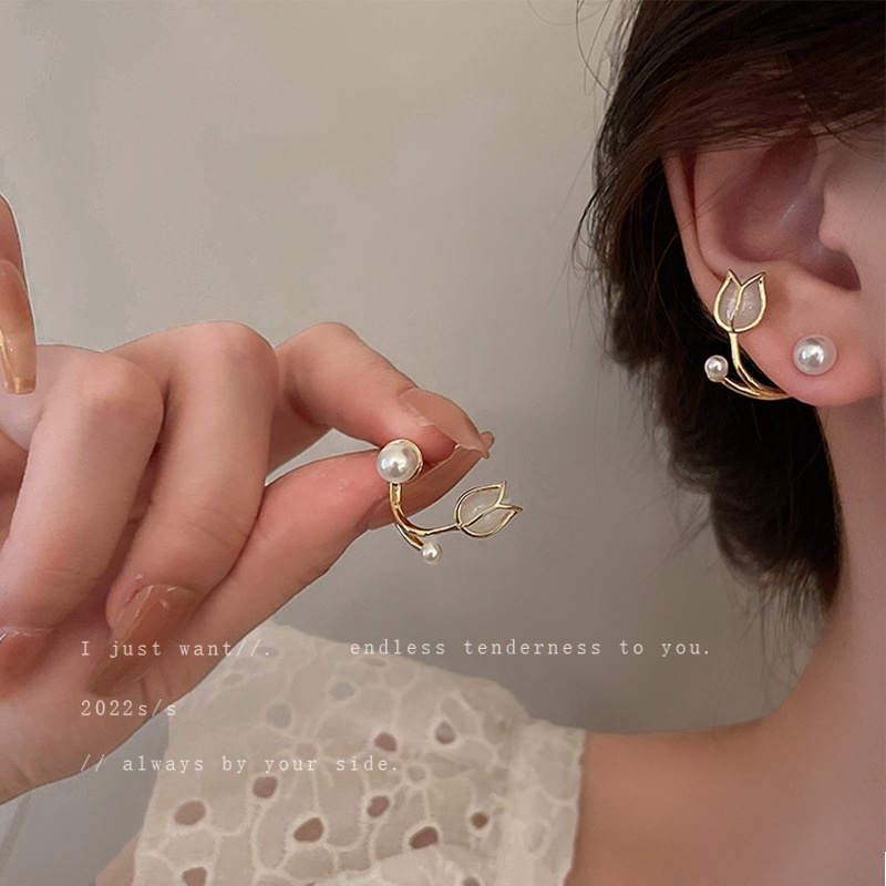 Ifyou Anting Mutiara Tulip Aesthetic Gold Drop Earring Untuk Wanita Retro Aksesoris Perhiasan