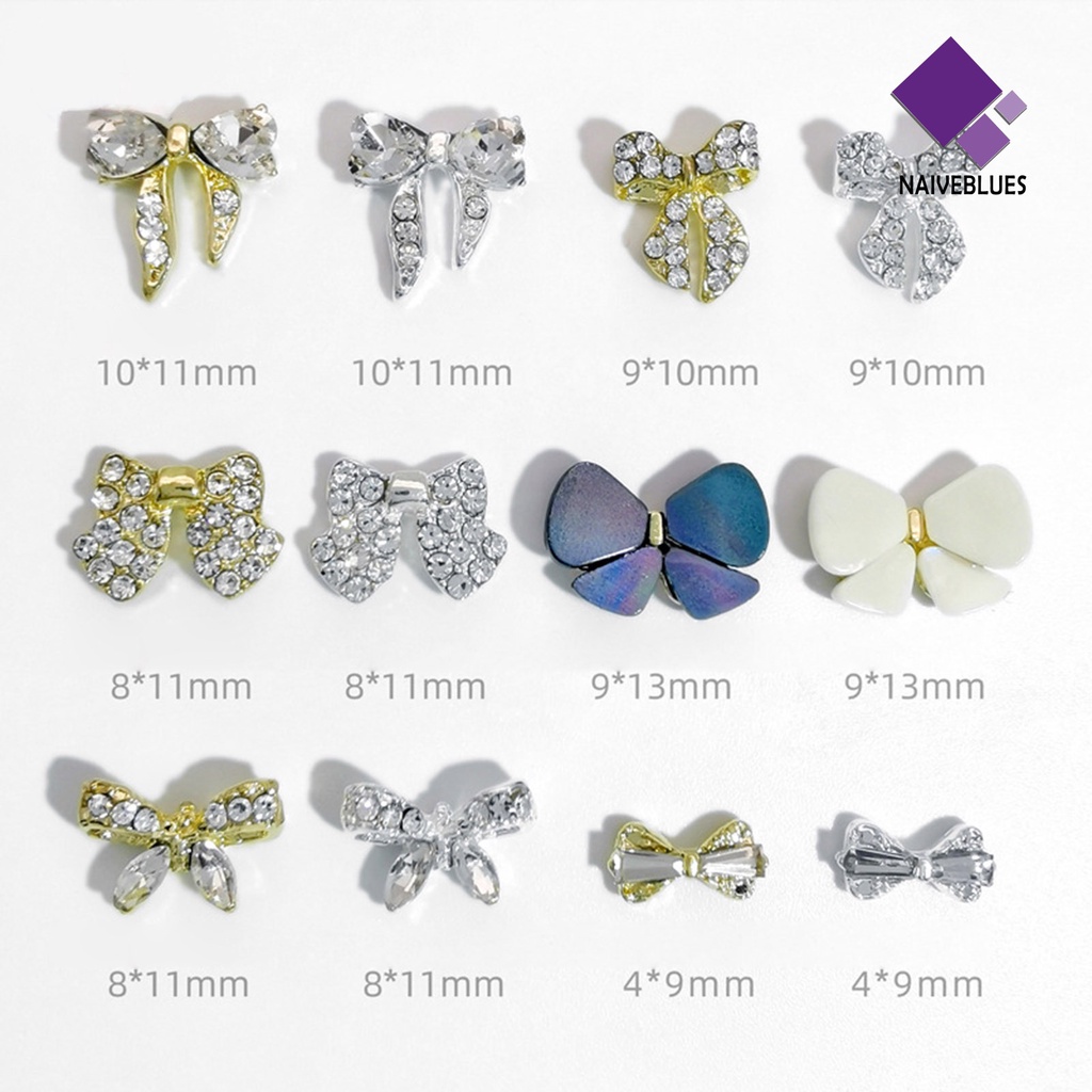 [naiveblues] 10pcs Hiasan Kuku Permukaan Mengkilap Berkilau Warna Cerah Tahan Karat Hias Alloy Bow-Knot Nail