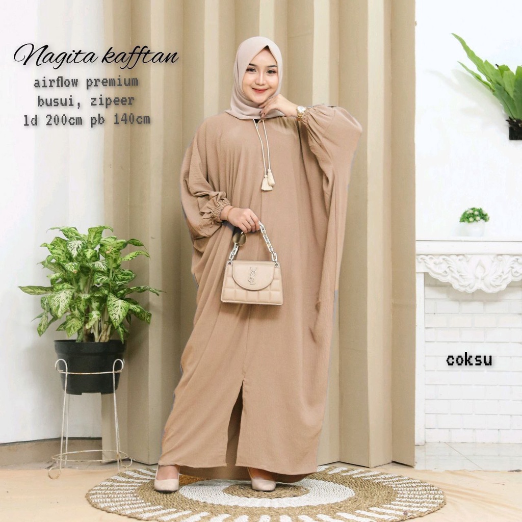 Nagita Kaftan Wanita Jumbo Crinkle Airflow Premium Gamis Terbaru Polos Bigsize Baju Wanita Muslim Kekinian LD 200 cm