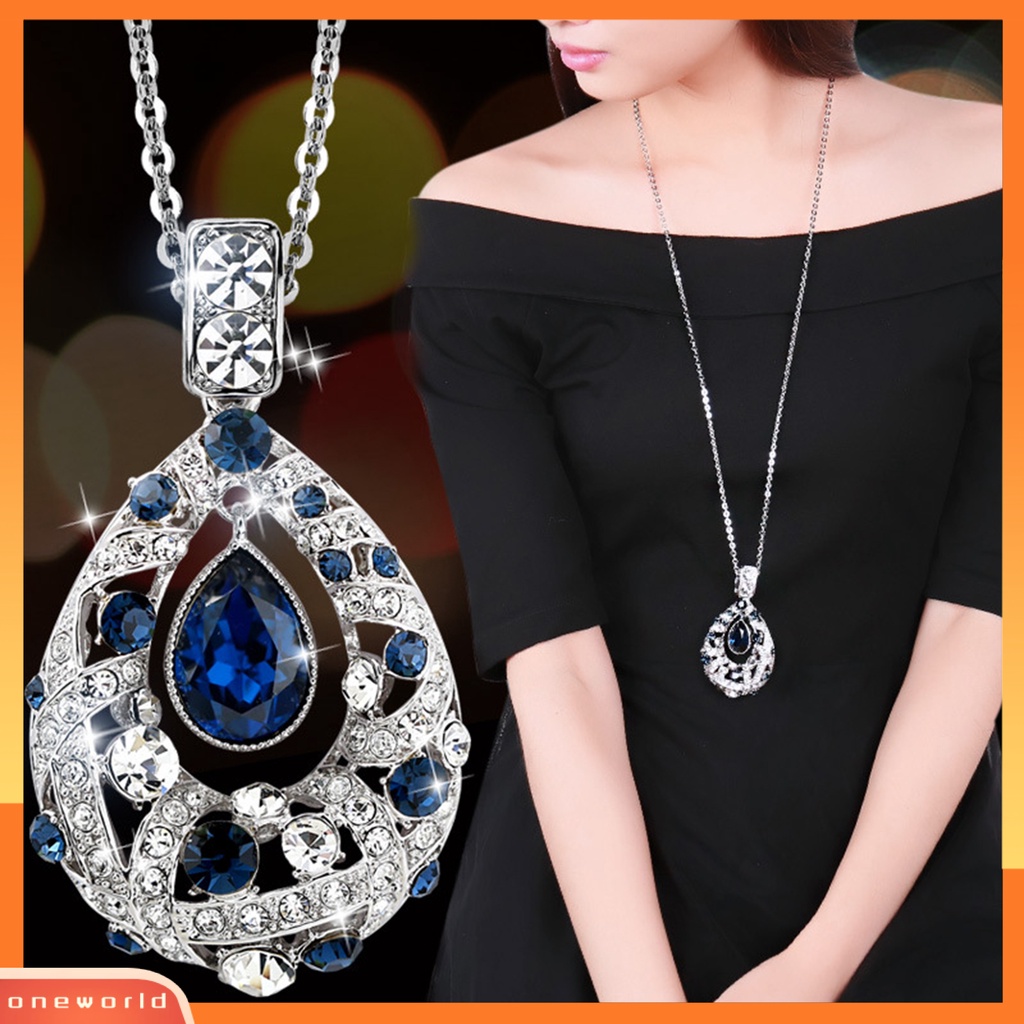 [EONE] Rantai Klavikula Bersinar Geometris Tetesan Air Berlian Imitasi Sweater Panjang Kalung Aksesoris Fashion