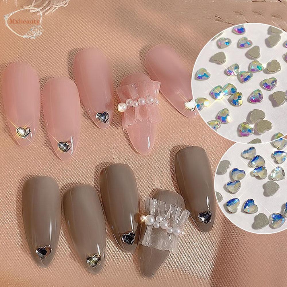 Mxbeauty Heart Nail Art Rhinestones Wanita Mix Glitter Aurora Laser Bentuk Hati Berlian Perhiasan AB Kristal Stiker Kuku