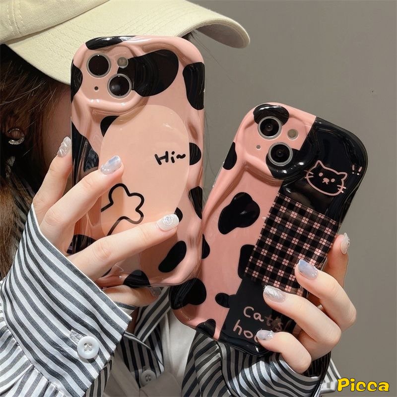 Kartun Kucing Lucu 3D Wavy Curved Edge Glossy Case Untuk Redmi A2 10 9T 10A 9A 9 A1 10C 9C NFC Note 11 8 9 10 10s 11s 10Pro 10 Pro Max POCO M3 Leopard Checkerboard Shockproof Cover