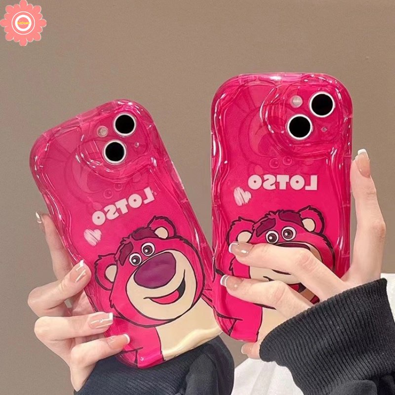 IPHONE Rose Red Kartun Imut Strawberry Bear Manyo Case Kompatibel Untuk Iphone11 12 13 14 Pro Max7 8 6s 6 Plus XR X XS Max SE 2020 3D Wavy Curved Edge Glossy Shockproof Soft Cover