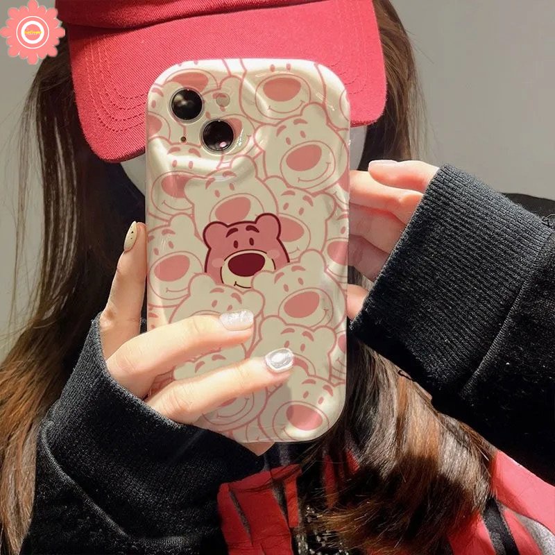 IPHONE Lovely Strawberry Bear Kartun Case Kompatibel Untuk Iphone11Xr 7Plus 8Plus 12 14 13 Pro Max X7 8 6s 6 Plus XS Max SE 2020 3D Wavy Curved Edge Glossy Shockproof Soft Cover